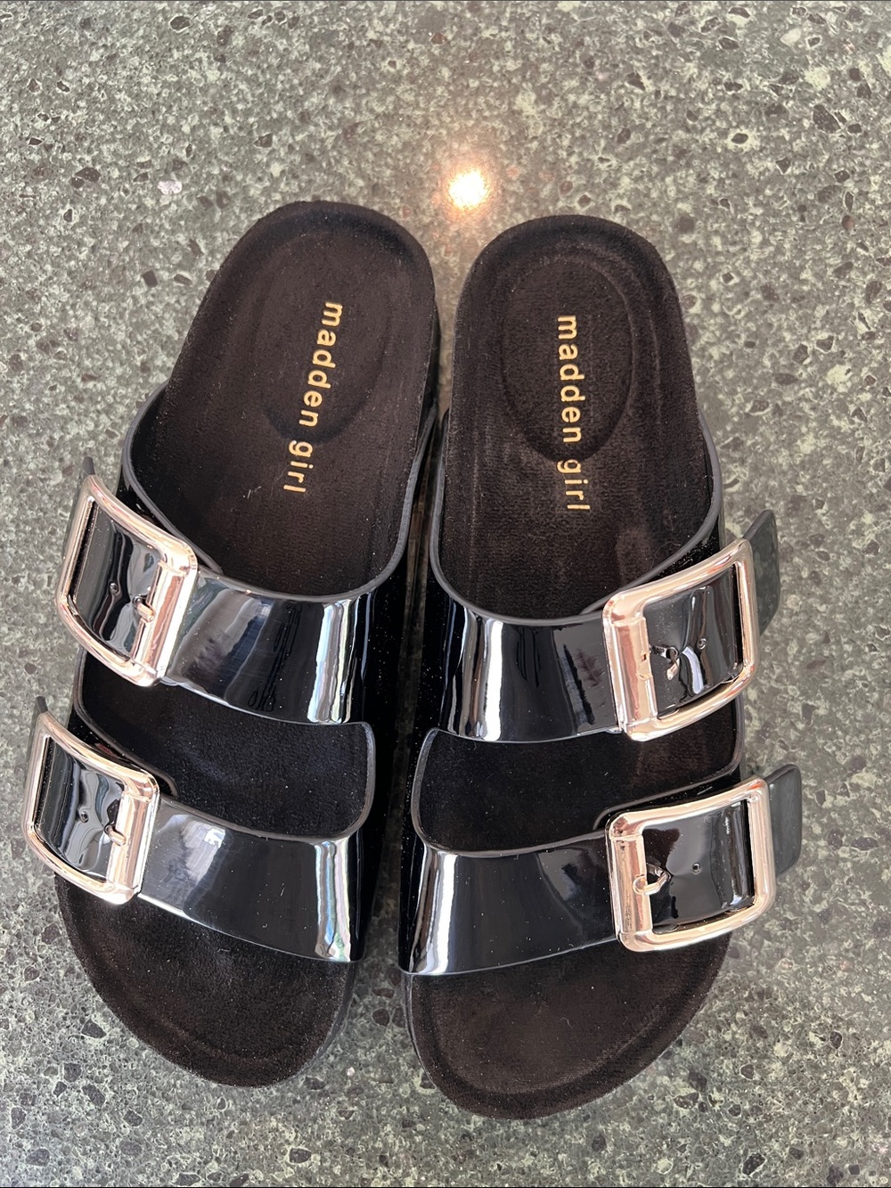 Madden Girl Black Patent Slide Sandals with Gold Buckles. Never worn.